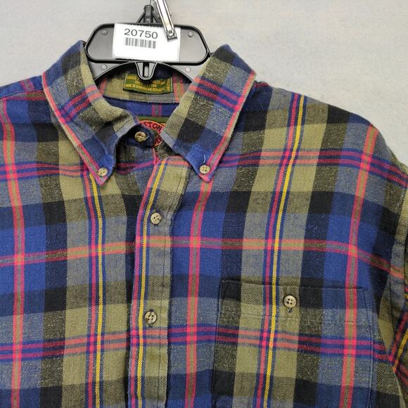 Vtg Boston Traders Plaid Flannel Button Down Shirt Men's L Long Slv Navy Olive - Picture 8 of 10